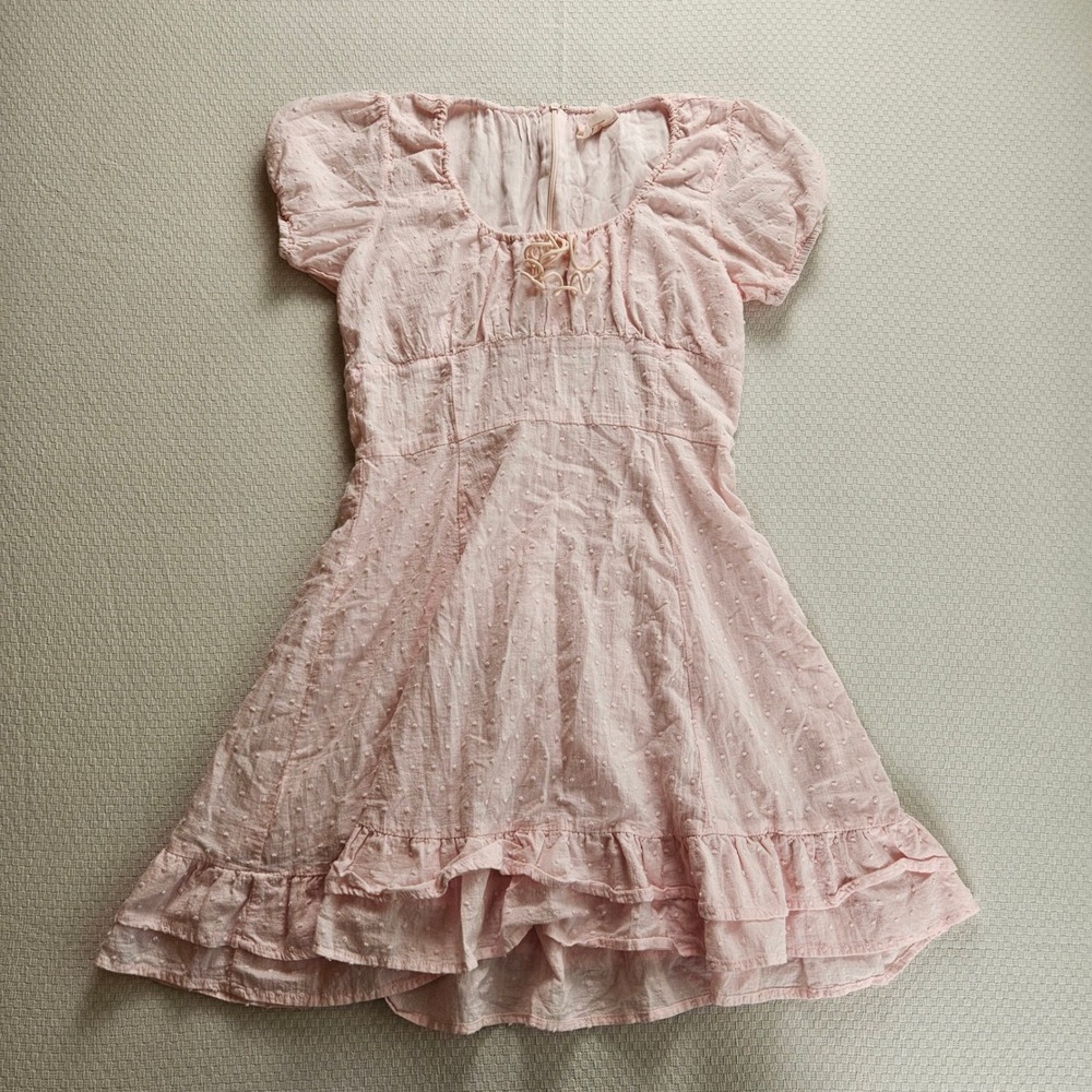 Showpo Pink Swiss Dot Mini Dress Cottagecore Prairie Puff Sleeve Ruffle Hem 4